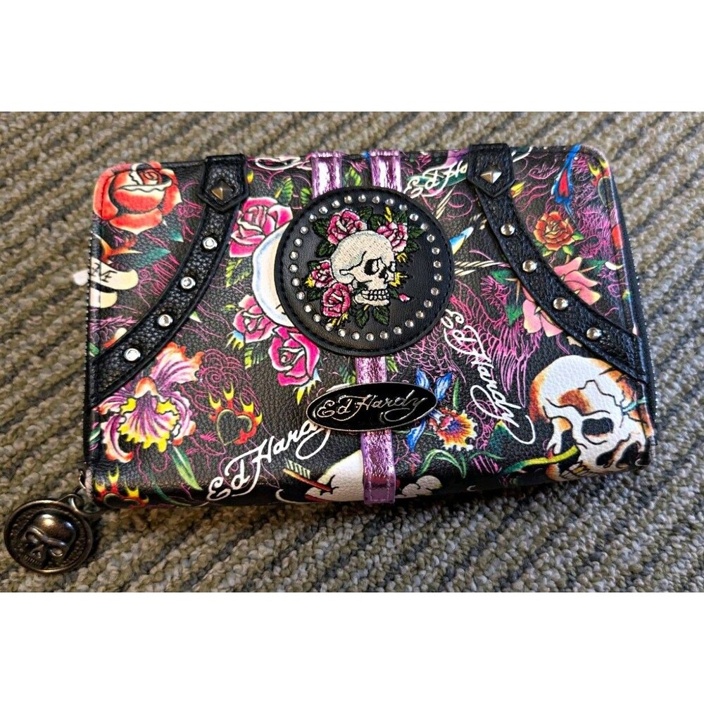 Ed Hardy Black Floral Skull Rose Tattoo Zip-Around Wallet, Studded Logo